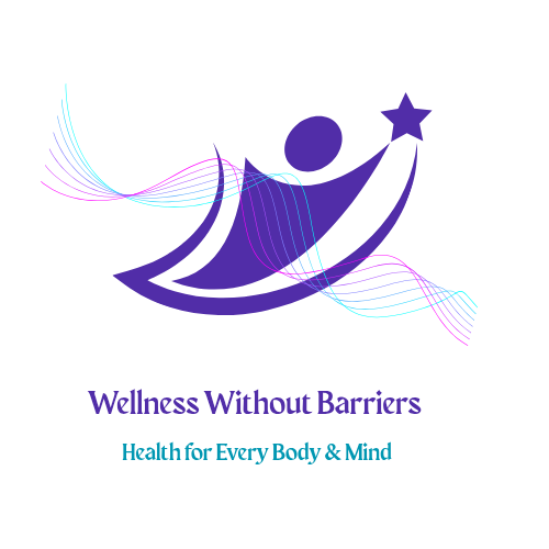 Wellness Without Barriers logo featuring a purple and green figure with the words Wellness Without Barriers