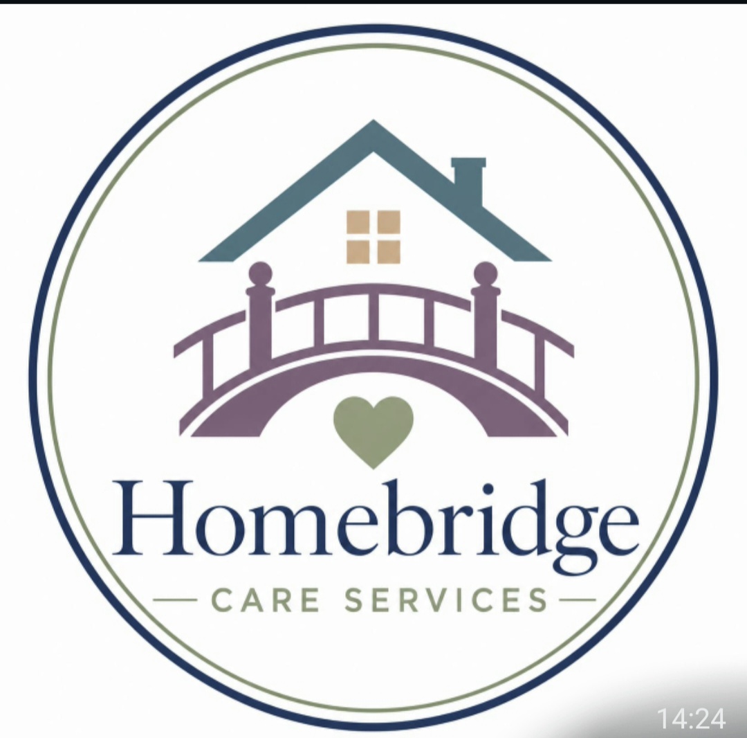 Homebridge Care Services logo representing compassionate, person-centred care and practical support in the home. The house symbol represents providing support where people live, the bridge represents helping people stay connected to their community and maintain independence, and the heart represents kindness, dignity and companionship. The logo reflects practical assistance with everyday living, including personal care, meal preparation, shopping, domestic tasks and support to remain independent at home.
