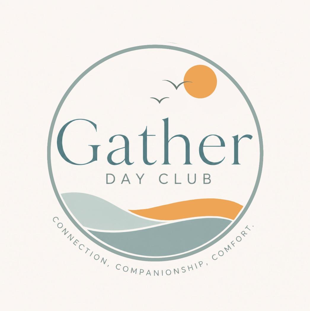 Gather Day Club logo: A circular design with rolling hills, an orange sun and two birds, with the words “Gather Day Club” and “Connection, Companionship, Comfort"