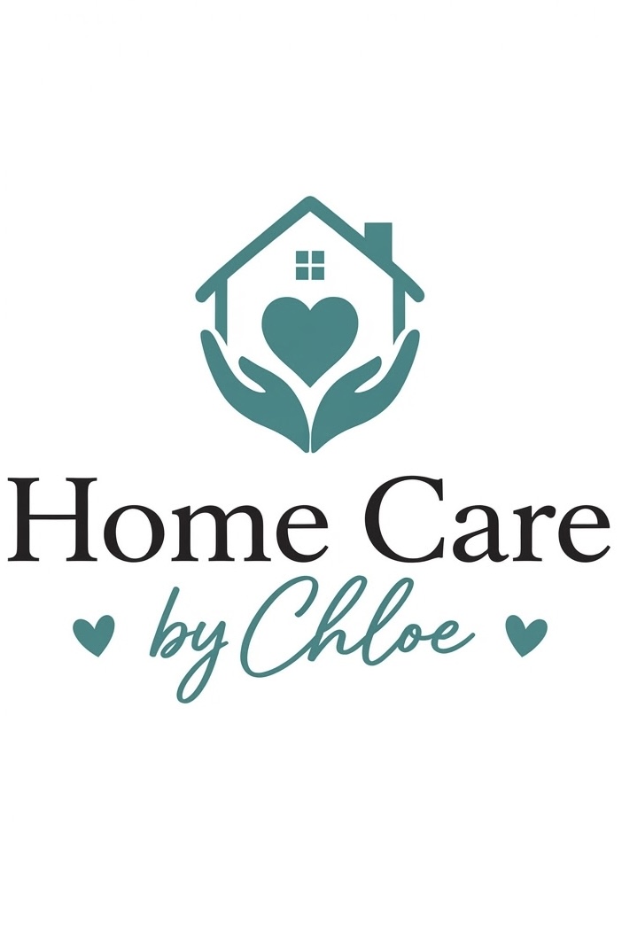 Company logo, Home care by Chloe in black and green stylish writing, with an icon of a house with I heart inside and two hands holding them