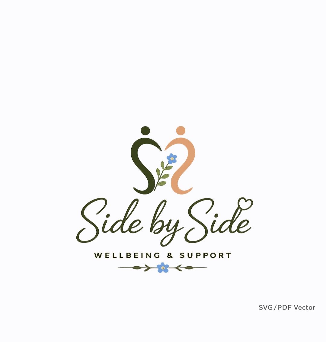 Side by Side Wellbeing and Support logo with mirrored olive green and warm sand S shapes.