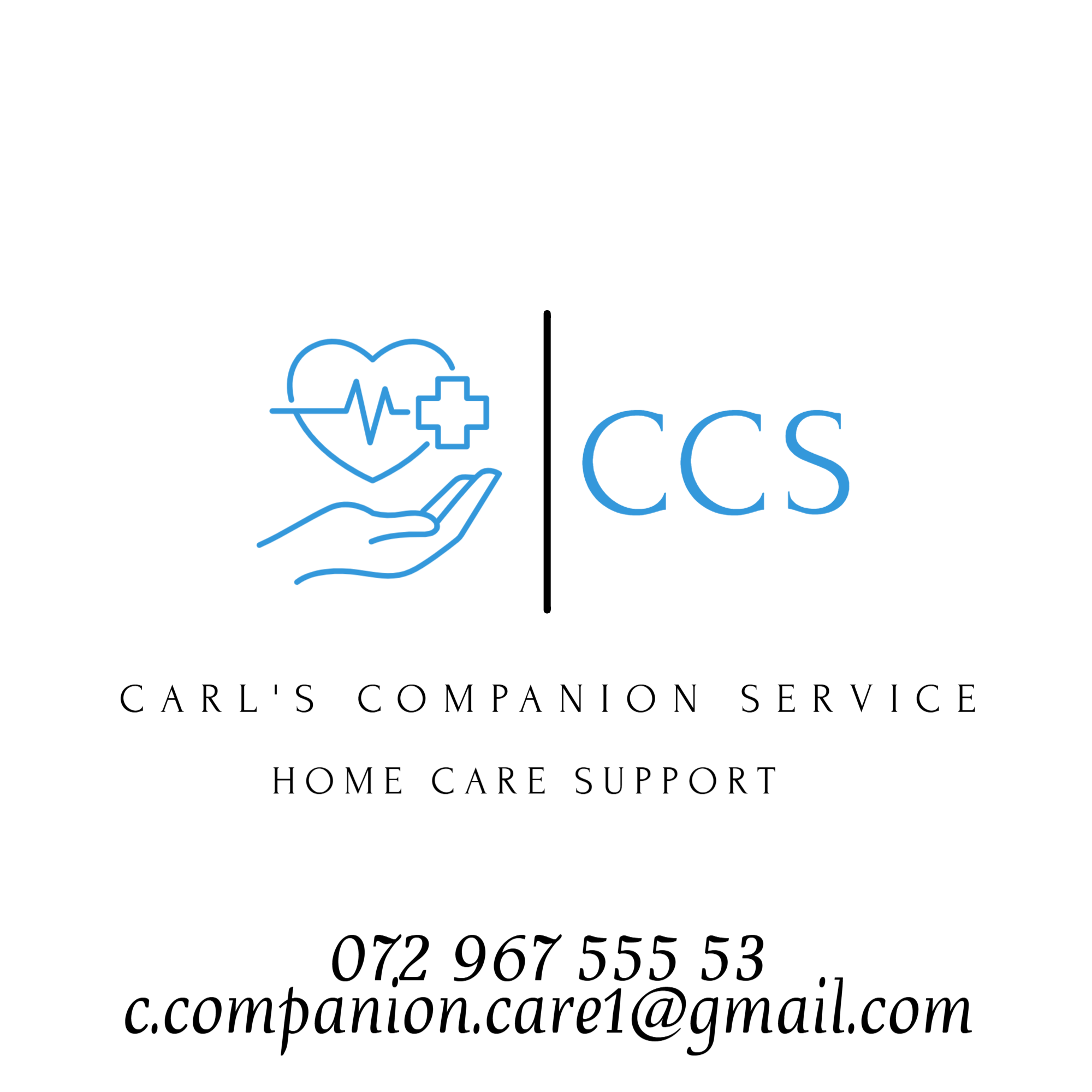 Logo with black and blue wording, showing a hand and a heart