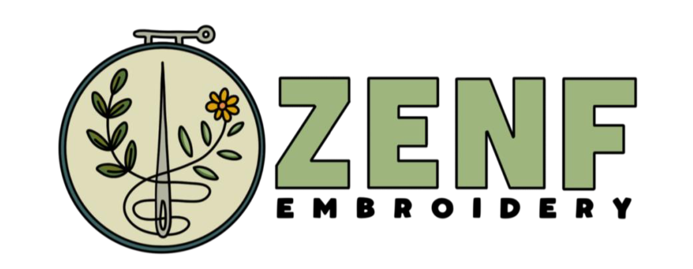 Company logo: A stylized graphic showing an embroidery hoop filled with natural botanical leaves, a needle, and an orange flower, accompanied by the business name "ZENF EMBROIDERY" in bold green and black lettering.