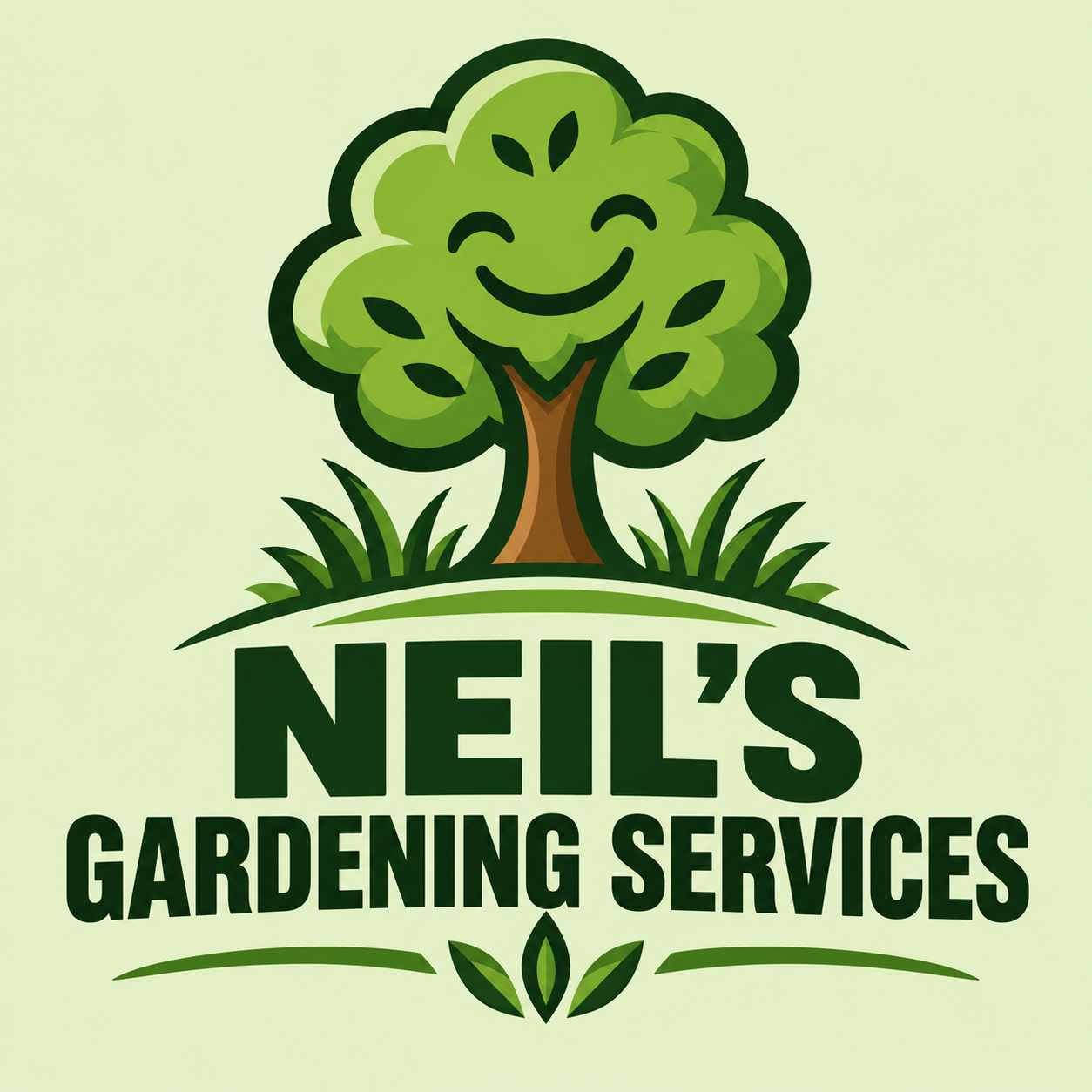 Company logo for Neil’s Gardening Services, featuring a friendly smiling green tree with a brown trunk above bold, dark green lettering on a pale lime green background, reflecting a professional and approachable gardening business.
