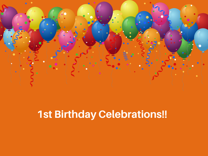 Orange background with balloons. Text: 1st birthday celebrations