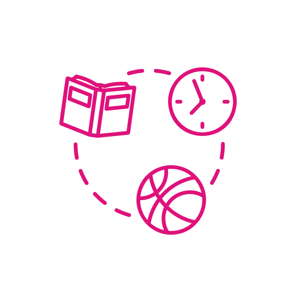 Illustration of book, clock, and basketball