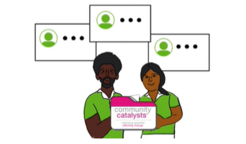 Illustration of two people holding a Community Catalysts sign.