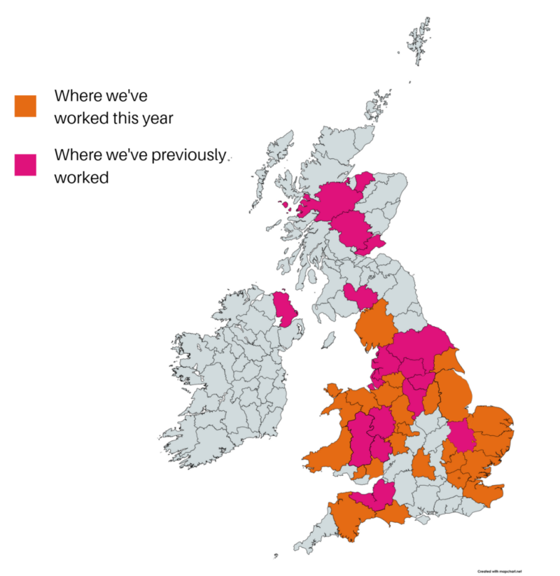 Map of Great Britain showing where Community Catalysts work and have worked