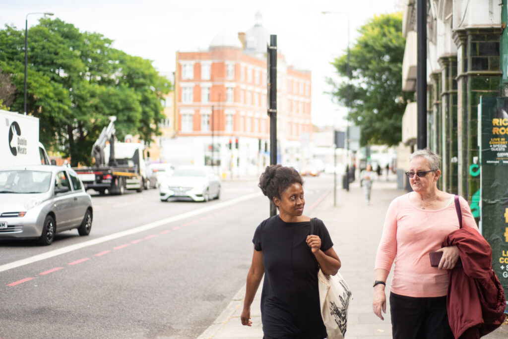 Women walking down street