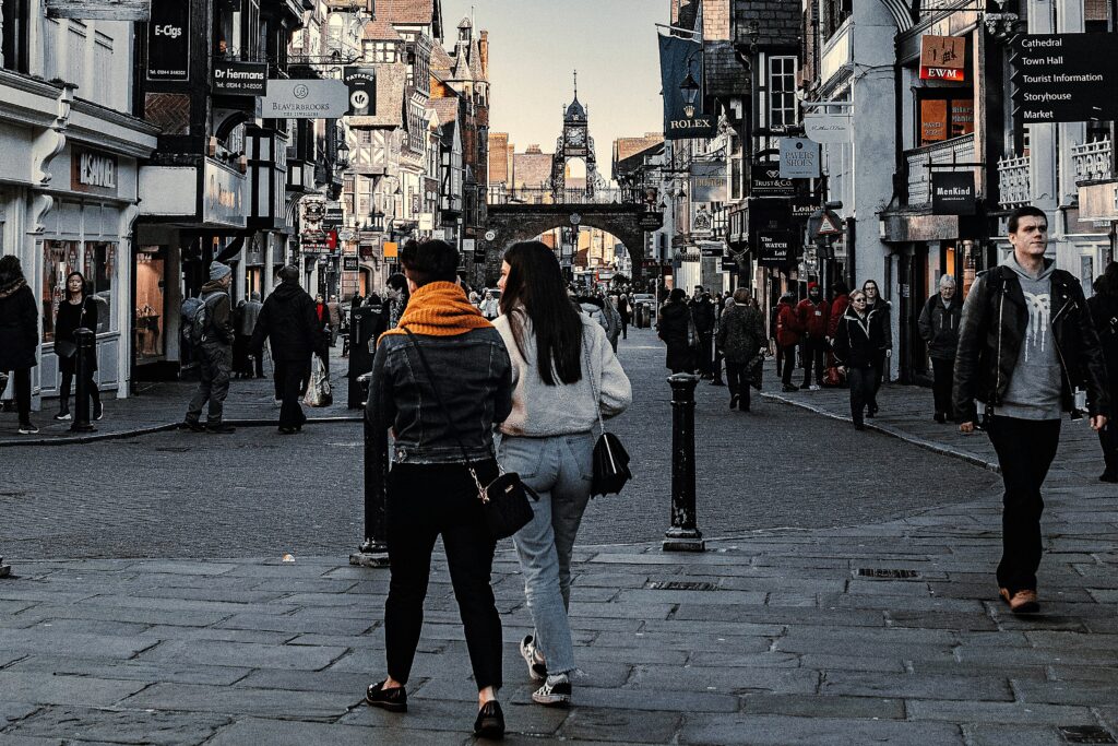 People walking through a town
