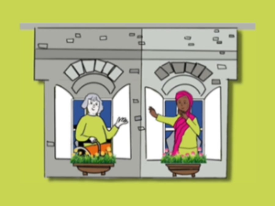 Cartoon of two women at different windows.
