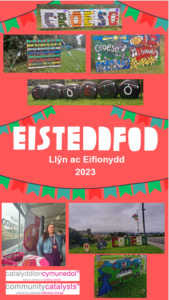 Flyer for Eisteddfod showing images from around the festival. Including coloured bales and signposts and a photo of Community Enterprise Catalyst Fran.