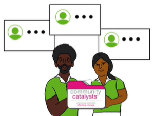 A graphic of two people holding a report with the Community Catalysts logo on