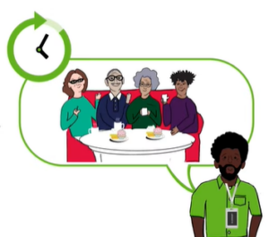 A graphic showing a man earing a lanyard. Above him is a speech bubble which has four other people sat around a table in it. The people are having tea and cake and smiling. There is also a clock in the top left hand corner with a circular arrow going around it, indicating a time frame. 