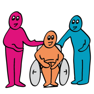 Image of three people smiling. The person in the middle is using a wheelchair