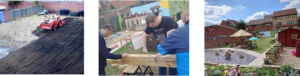 Community Connects sensory garden:- before showing a bare site with soil and a mini digger - during showing two people securing two pieces of wood together with tools - after showing a landscaped garden with a gravel area in the foreground, raised troughs to the right and a covered seating area and grass in the background