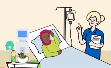 Illustration of person in a hospital bed and a nurse attending