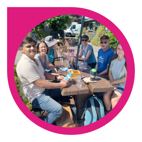Group of people sitting around a table smiling