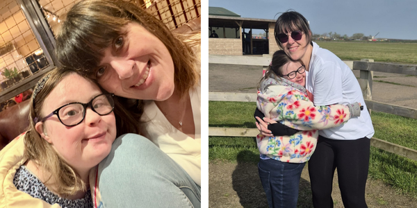 A montage of two women hugging and smiling at the camera.