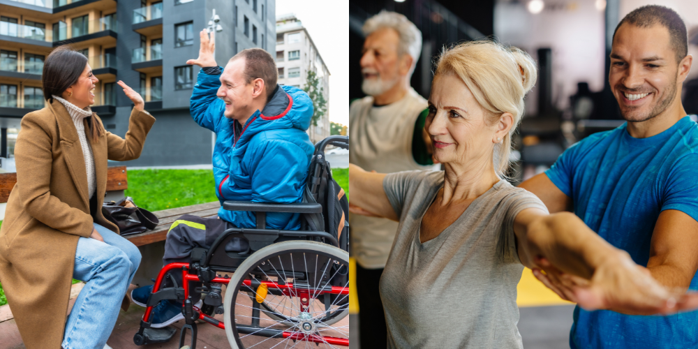Montage - two people giving each other a high five; and a gym instructor supporting a woman