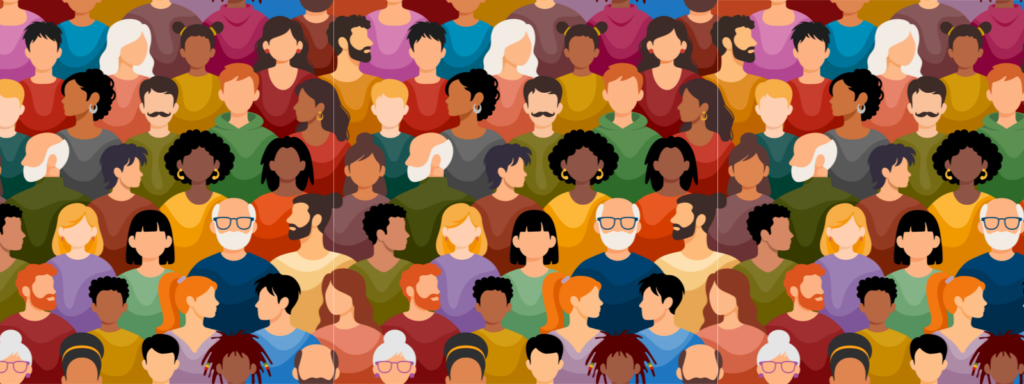 Cartoon illustration of a diverse group of people