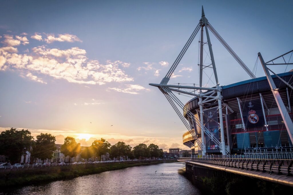 Scenic view of Principality Stadium by River Taff in Cardiff,